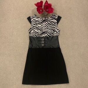 🌹VINTAGE Madison Paige • Zebra Print - Black & White Mini Dress Faux Leather
